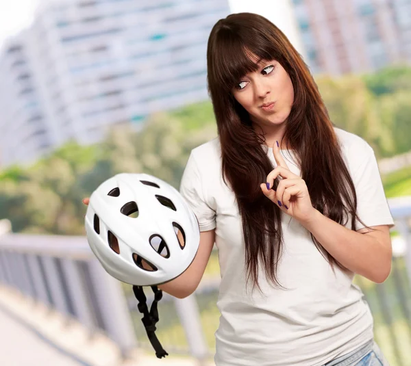 Portrait Of A Young Female Holding A Helmet — Stock Photo, Image