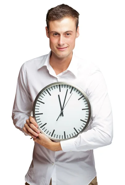 Happy Man Holding Clock In His Hand Stock Photo