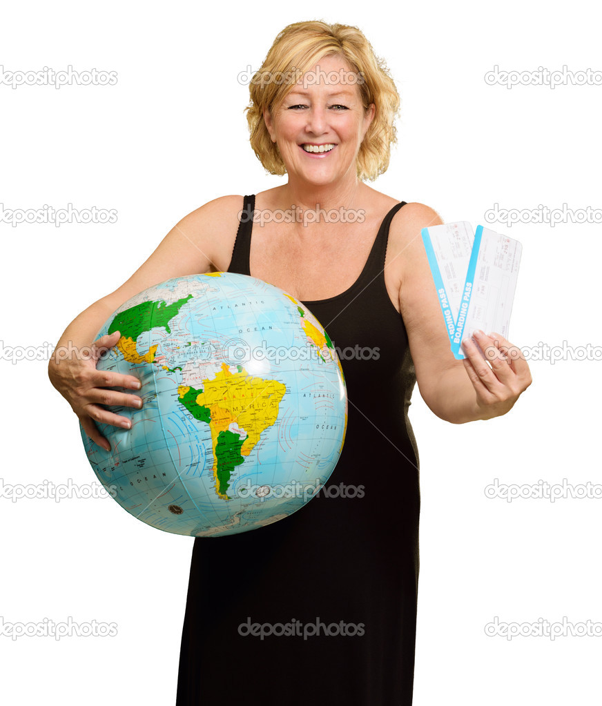 Woman Standing With World Globe And Boarding Passes