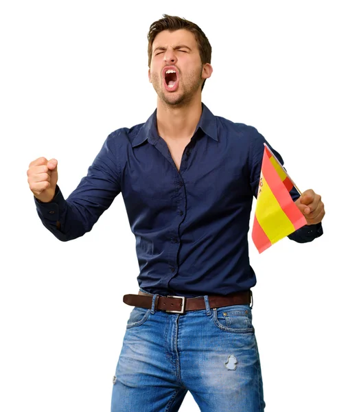 Man cheering and holding flag — Stock Photo, Image