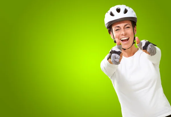 Woman Wearing Helmet Showing Both Thumbs Up — Stock Photo, Image