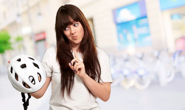 Portrait Of A Young Female Holding A Helmet — Stock Photo, Image