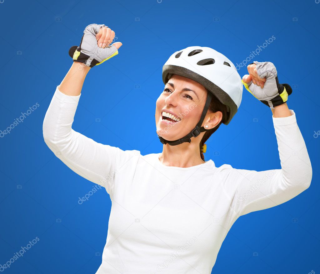 Woman Wearing Helmet Cheering