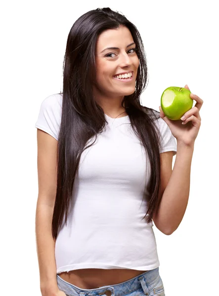 Porträtt av en kvinna som äter ett äpple — Stockfoto
