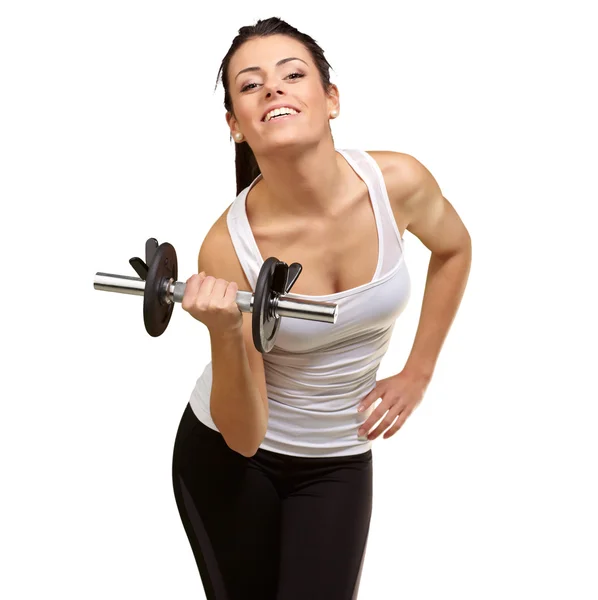 Young woman holding dumbells — Stock Photo, Image