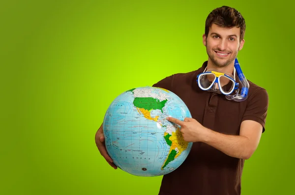 Young Man With Globe And Snorkel — Stock Photo, Image