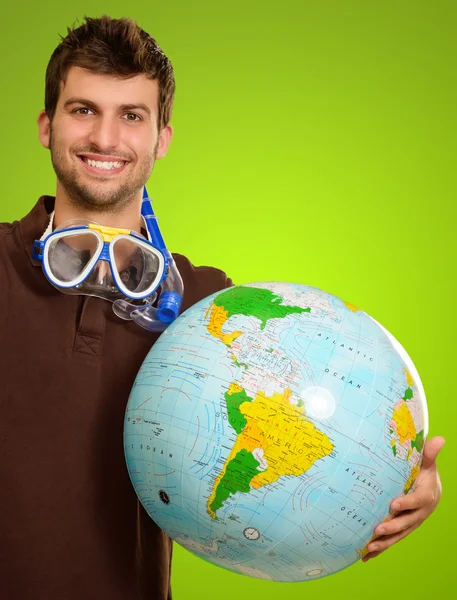 Young Man With Globe And Snorkel — Stock Photo, Image
