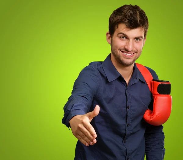 Young Man With Boxing Glove On Shoulder Shaking Hand — Stock Photo, Image