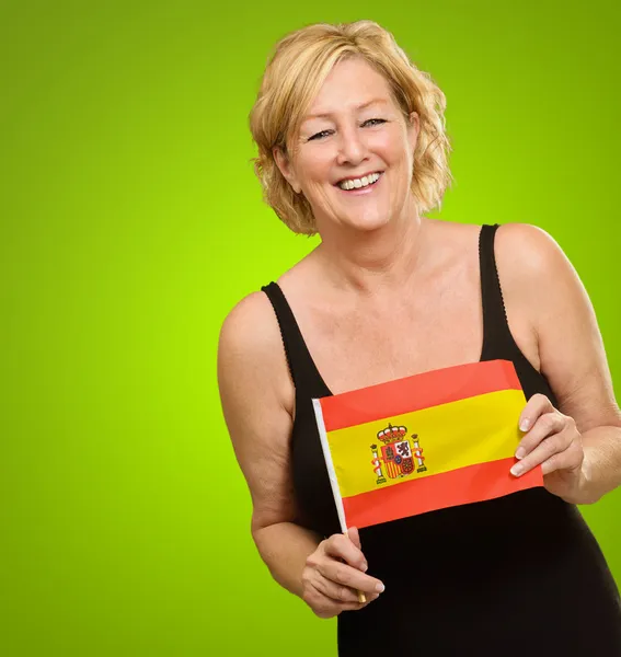 Felice Donna Holding Spagna Bandiera — Foto Stock