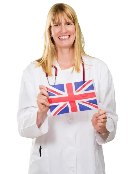 Doutor feliz segurando bandeira britânica — Fotografia de Stock