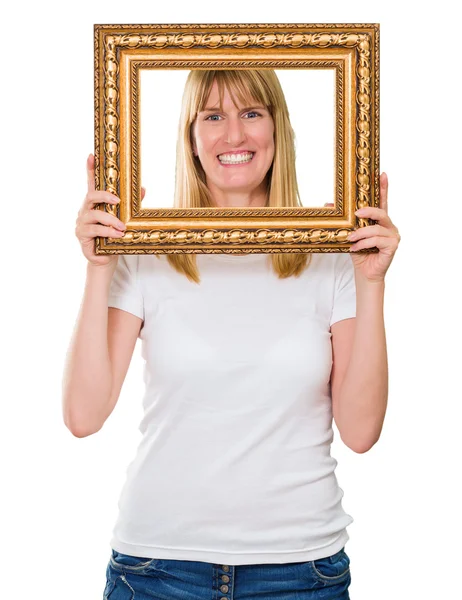 Vrouw bedrijf in een figuurframe — Stockfoto