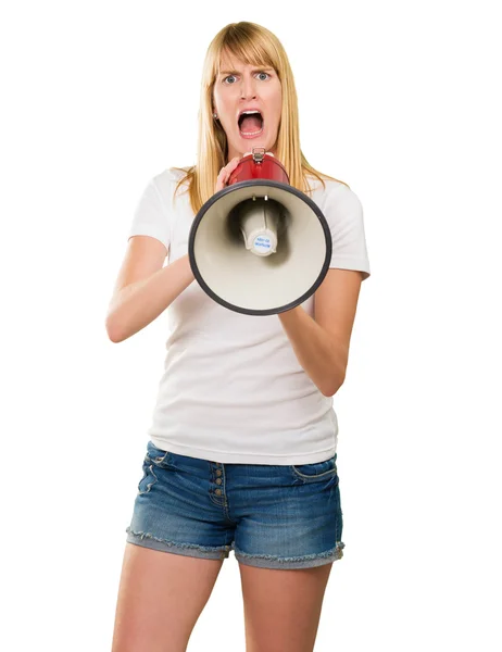 Mulher gritando através de megafone — Fotografia de Stock