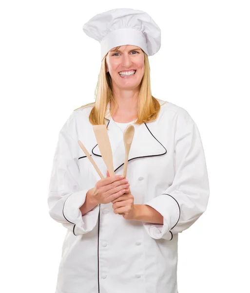 Chef femenino sosteniendo cuchara de madera — Foto de Stock