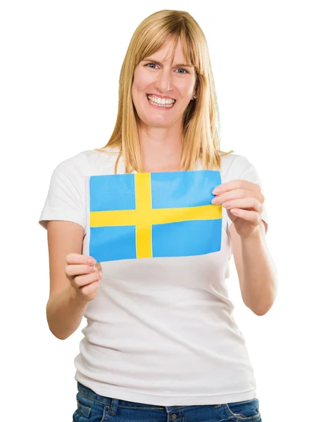 Ευτυχισμένη γυναίκα εκμετάλλευση σουηδικής σημαίας — Φωτογραφία Αρχείου