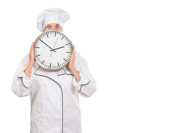 Chef preoccupato nascosto dietro un orologio — Foto Stock