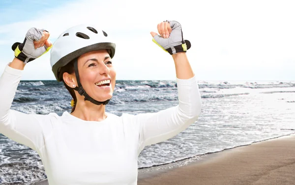 Woman Wearing Helmet Cheering — Stock Photo, Image