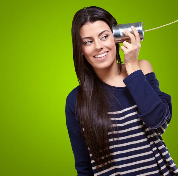 Female Holding A Metal Tin As A Telephone — Stock Photo, Image