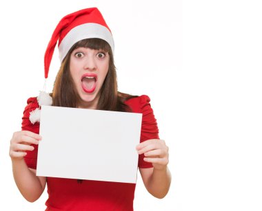 bir boş kartı tutan sürpriz Noel kadın