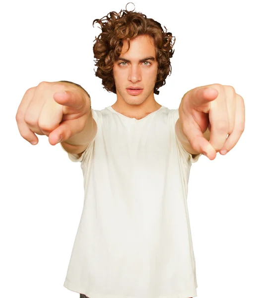 Retrato de jovem apontando com a mão — Fotografia de Stock