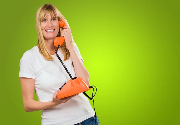 Happy Woman Holding Telephone — Stock Photo, Image