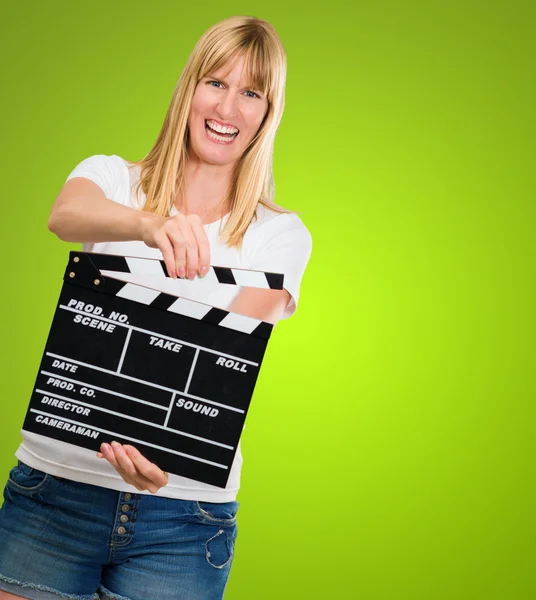 Happy Woman Holding Clapper Board — Stock Photo, Image