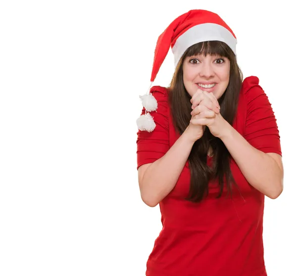 Mulher animada usando um chapéu de Natal — Fotografia de Stock