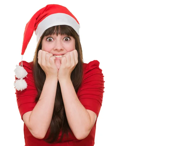 Mulher extremamente animado vestindo um chapéu de Natal — Fotografia de Stock