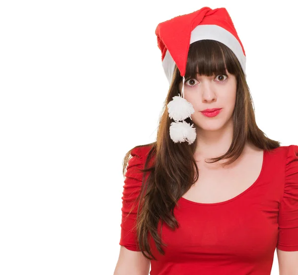 Confused woman wearing a christmas hat — Stock Photo, Image