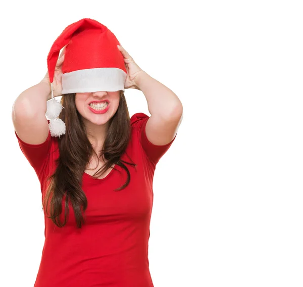 Arg kvinna med en jul hatt som täcker hennes ögon — Stockfoto