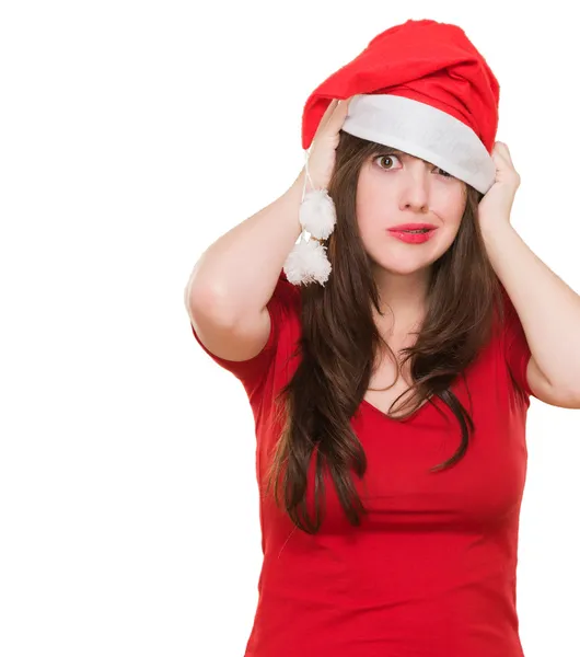 Mulher preocupada usando um chapéu de Natal — Fotografia de Stock