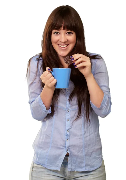 Mulher bonita com café e biscoitos — Fotografia de Stock