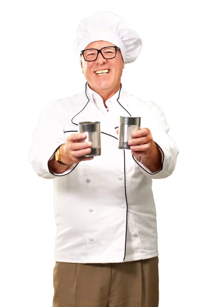 Portrait Of A Chef Holding Tin Cans — Stock Photo, Image