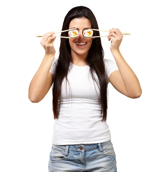 Portrait Of A Female Holding Sushi Roll — Stock Photo, Image