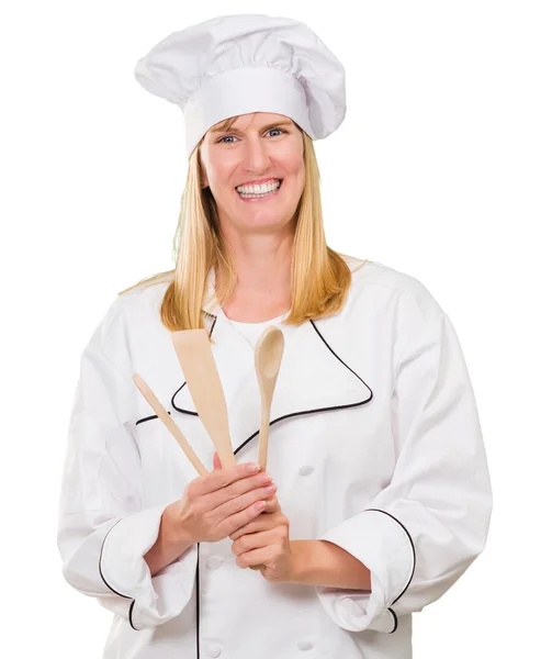 Ženské šéfkuchař hospodářství vařečka — Stock fotografie