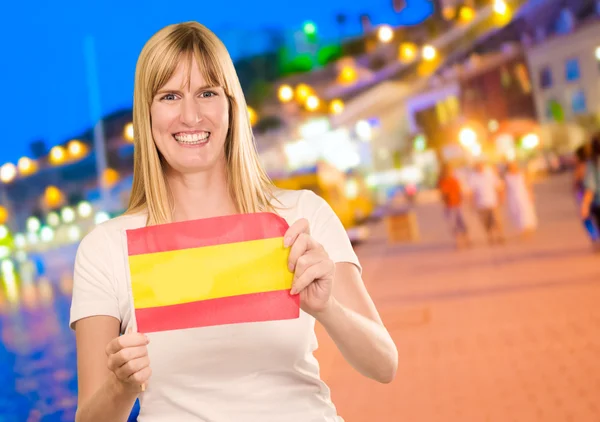 Happy Woman Holding Spanish Flag — Stock Photo, Image