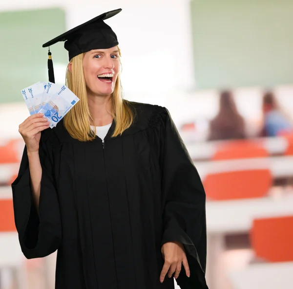 Graduate Woman Holding Euro Currency — Stock Photo, Image