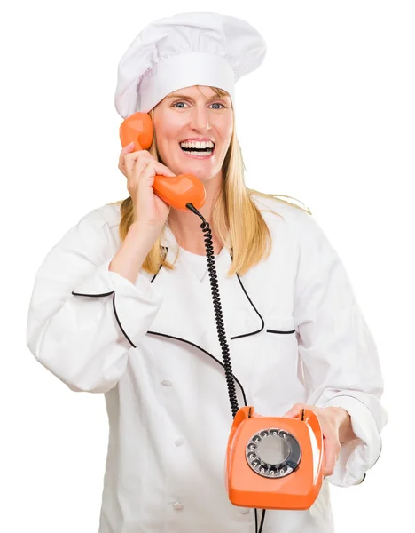 Θηλυκό σεφ εκμετάλλευση τηλέφωνο — Φωτογραφία Αρχείου