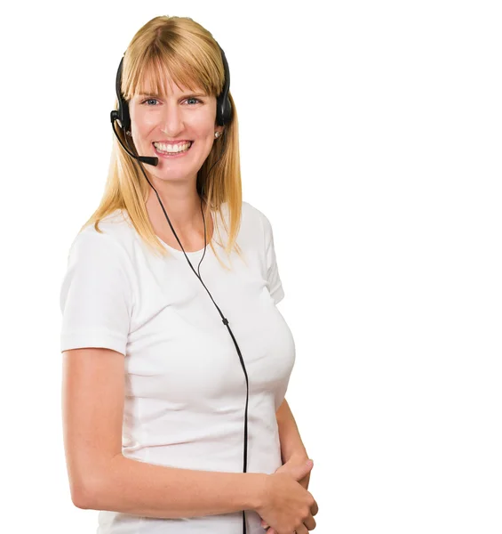 Gelukkige vrouw op headset — Stockfoto