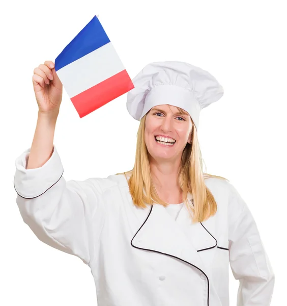 Ευτυχισμένο σεφ κρατώντας γαλλική σημαία — Φωτογραφία Αρχείου