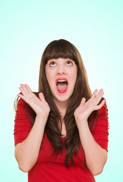 Woman wearing red lipstick and looking up — Stock Photo, Image