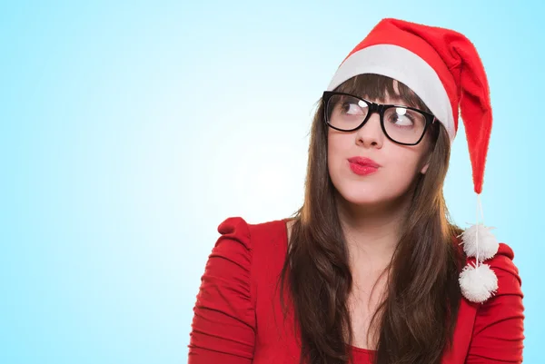 Christmas woman wearing glasses and looking up — Stock Photo, Image