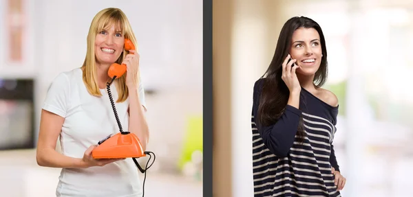 Retrato de mujeres felices hablando por teléfono —  Fotos de Stock