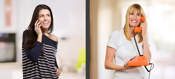 Portrait Of Happy Women Talking On Phone — Stock Photo, Image