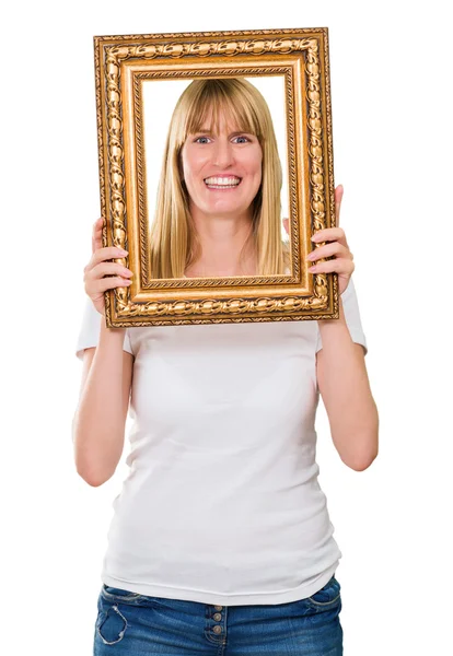 Portrait Of A Happy Woman Holding Frame — Stock Photo, Image