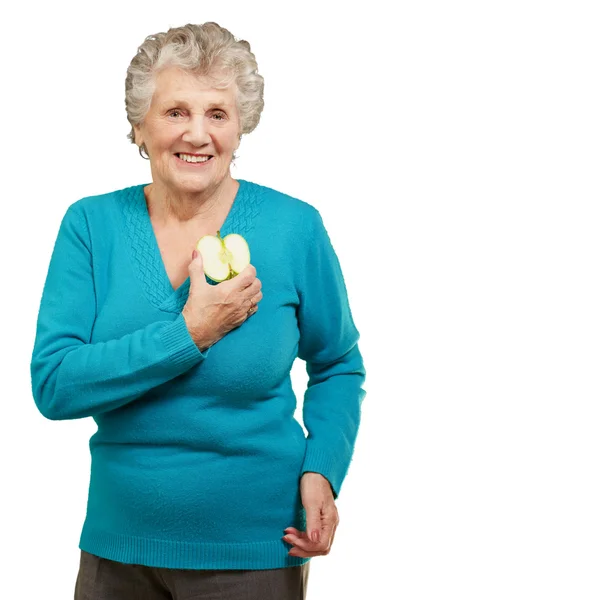 Πορτρέτο του ευτυχής ώριμη γυναίκα, κρατώντας το μήλο — Φωτογραφία Αρχείου