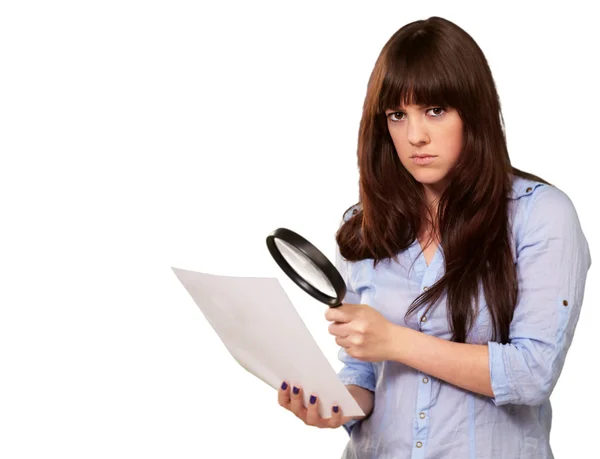 Portrait Of A Girl Holding A Magnifying Glass And Paper — Stock Photo, Image