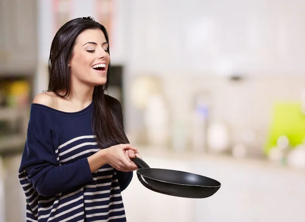 Happy Young Woman Holding Pan — Stock Photo, Image