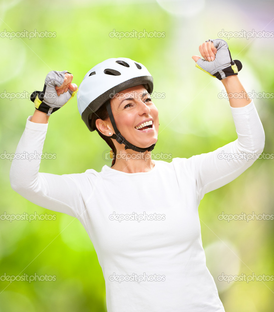 Woman Wearing Helmet Cheering