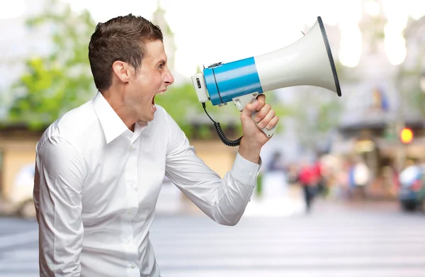 Portrait Of Young Man Holding Megaphone — Stock Photo, Image
