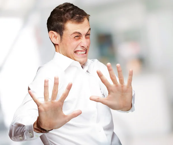 A Young Man Holding His Hands Out In Fear — Stock Photo, Image